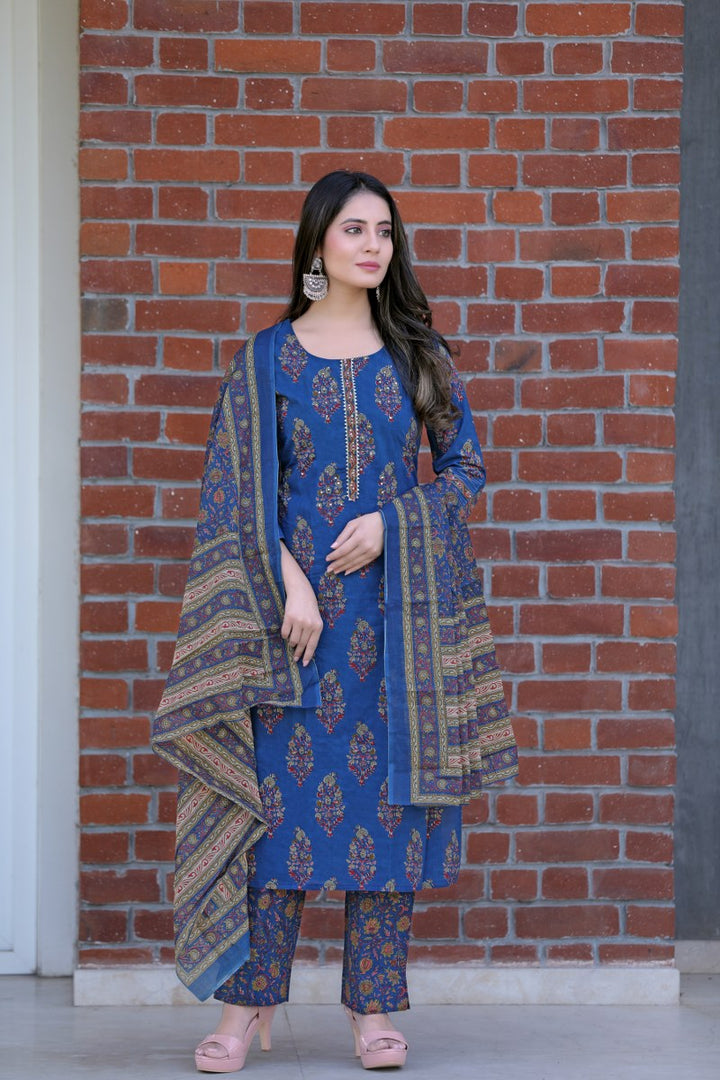 Blue-Cotton-Printed-Fancy-3-Piece-Kurta-Set