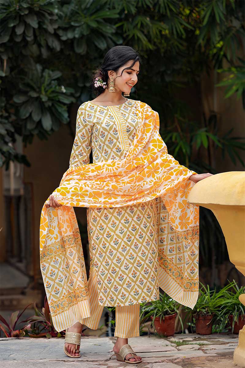 Yellow-Motifs-Printed-Regular-Pure-Cotton-Kurta-Set