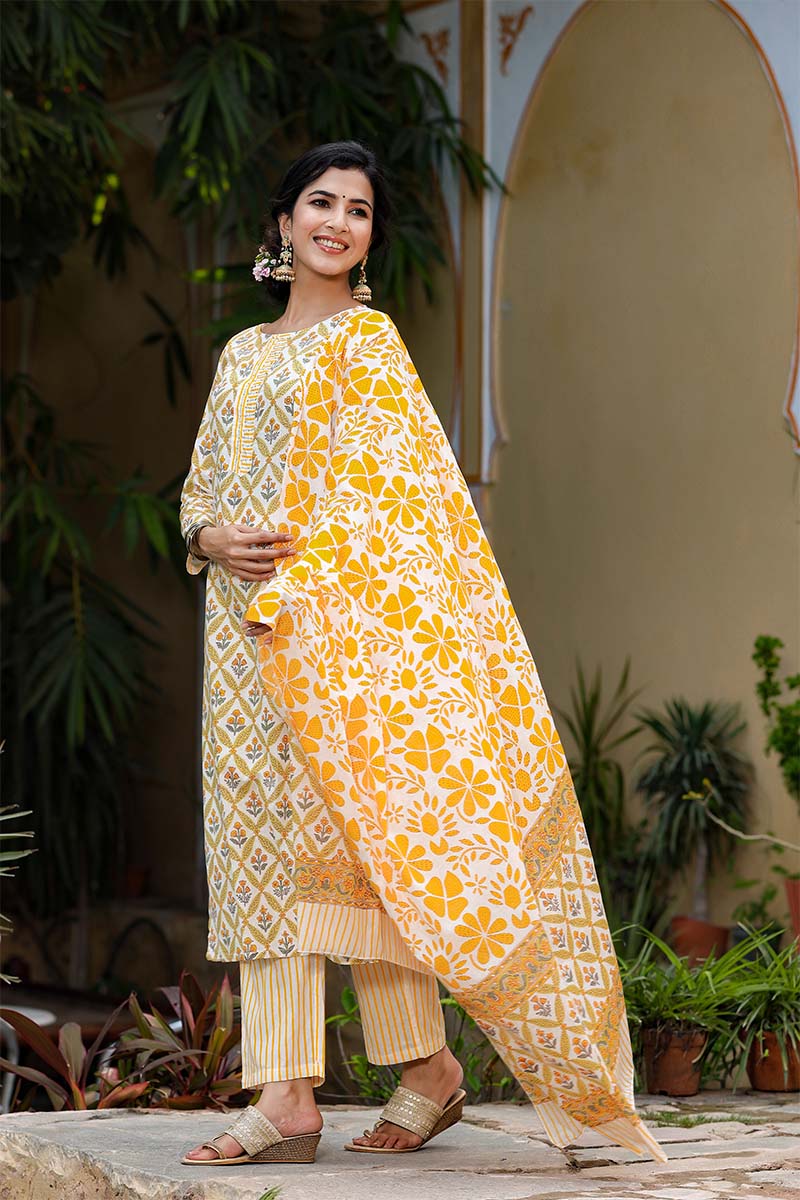 Yellow-Motifs-Printed-Regular-Pure-Cotton-Kurta-Set