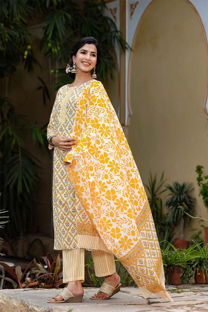 Yellow-Motifs-Printed-Regular-Pure-Cotton-Kurta-Set