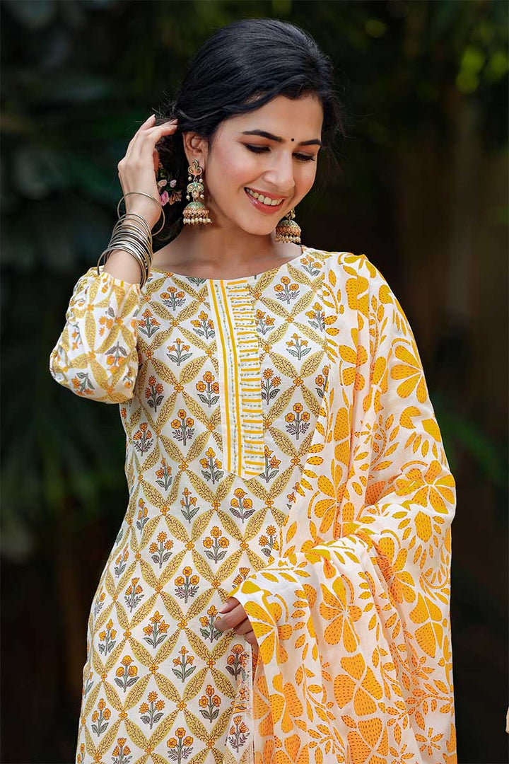 Yellow-Motifs-Printed-Regular-Pure-Cotton-Kurta-Set