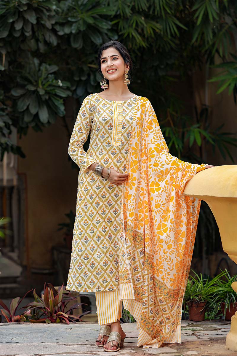Yellow-Motifs-Printed-Regular-Pure-Cotton-Kurta-Set