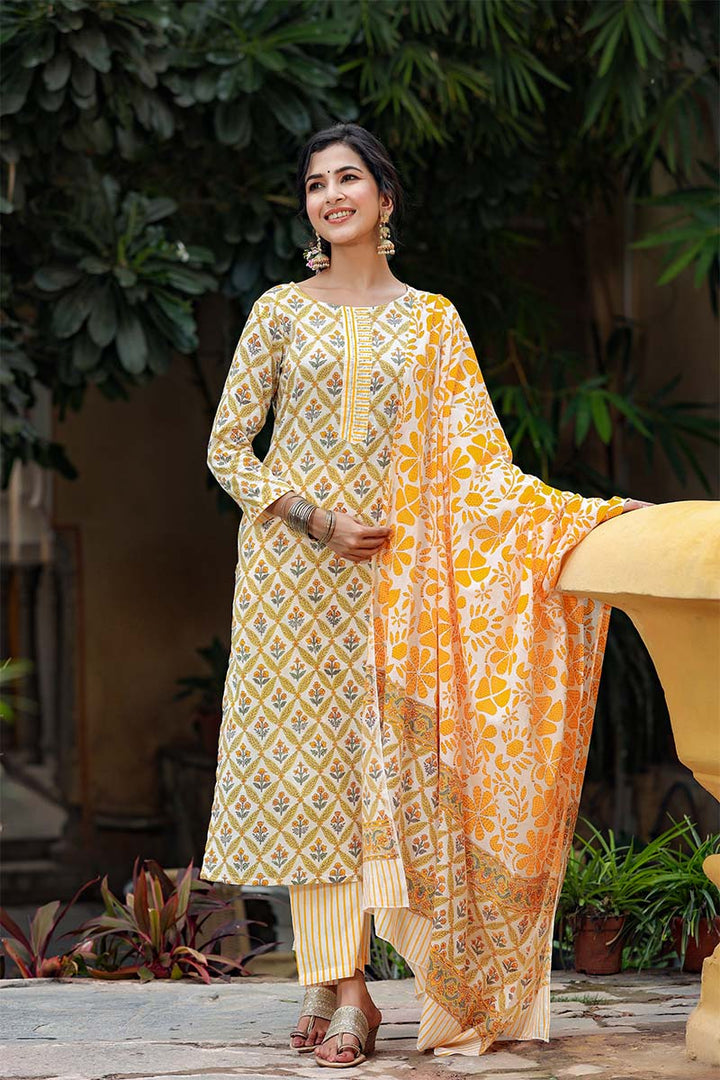 Yellow-Motifs-Printed-Regular-Pure-Cotton-Kurta-Set