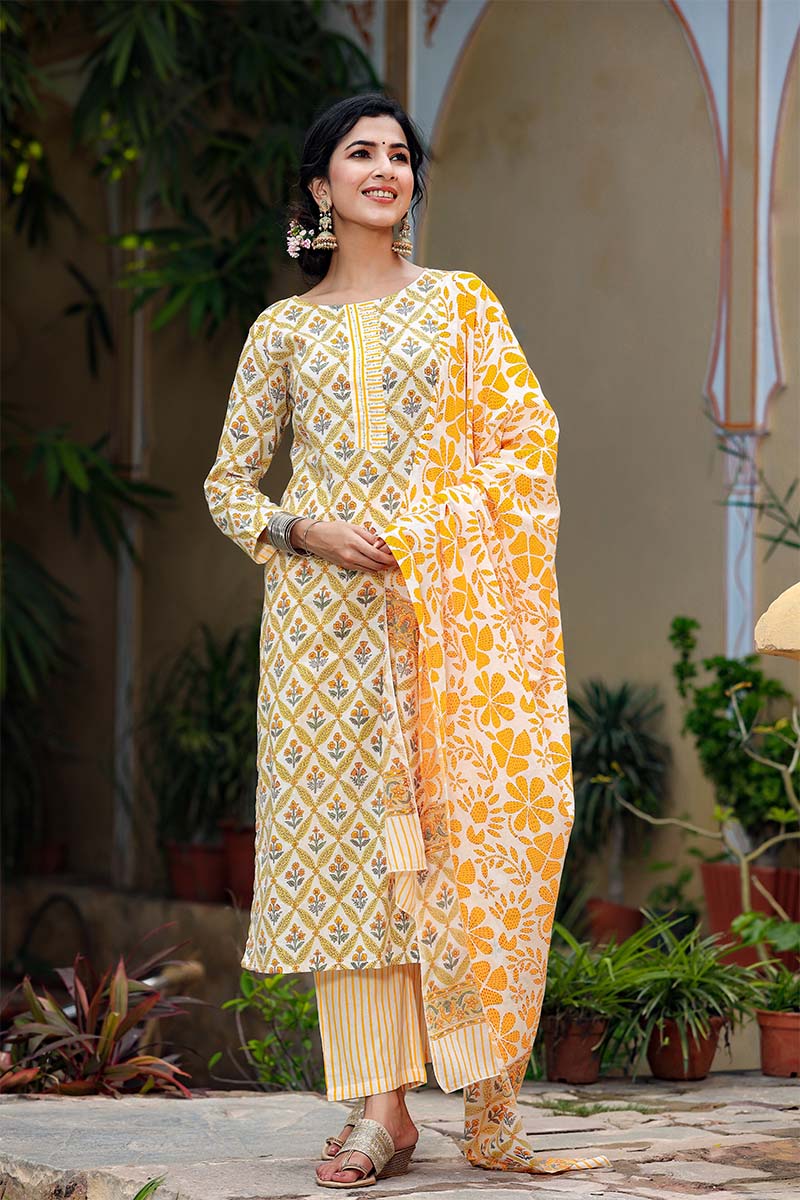 Yellow-Motifs-Printed-Regular-Pure-Cotton-Kurta-Set