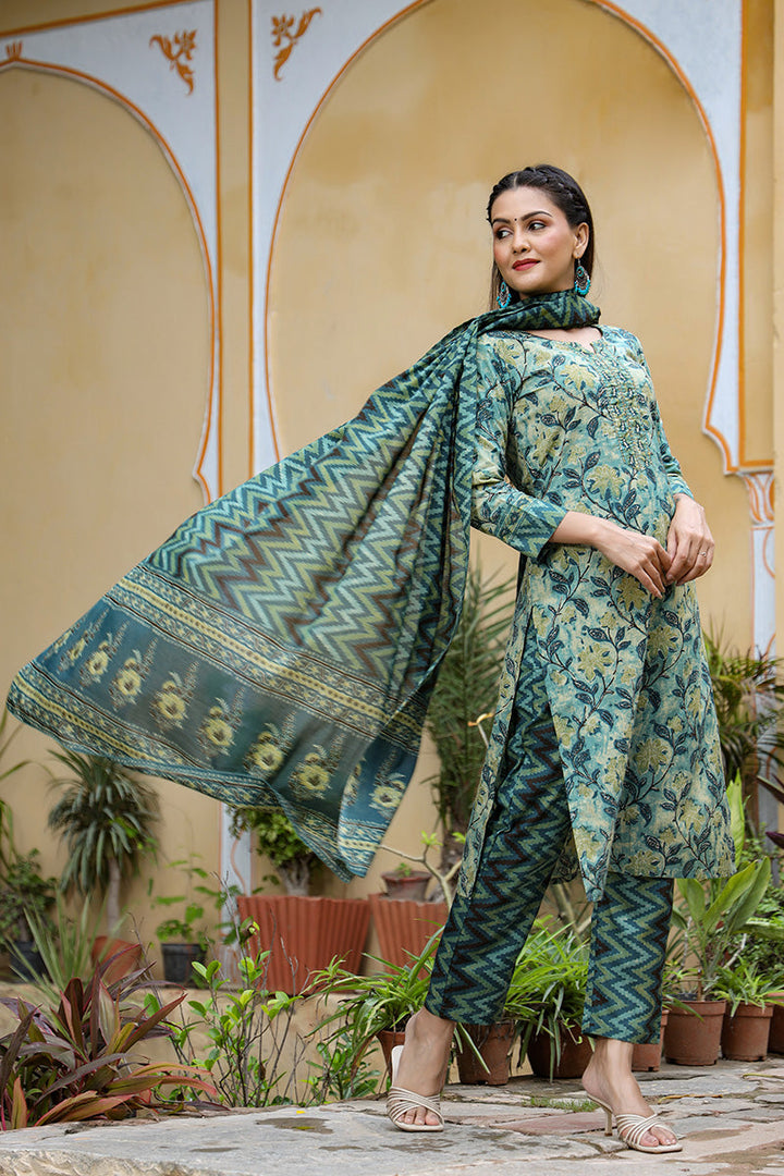 Rayon-Blend-Teal-Motifs-Printed-Straight-3-Piece-Kurta-Set