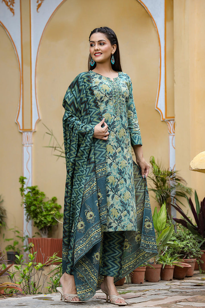 Rayon-Blend-Teal-Motifs-Printed-Straight-3-Piece-Kurta-Set