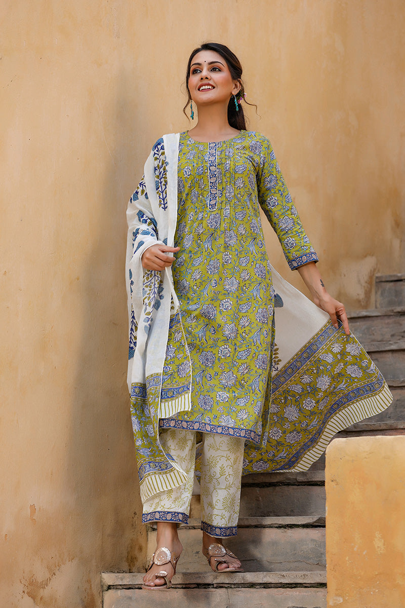 Lime-Green-Cotton-Motifs-Printed-Straight-3-Piece-Kurta-Set