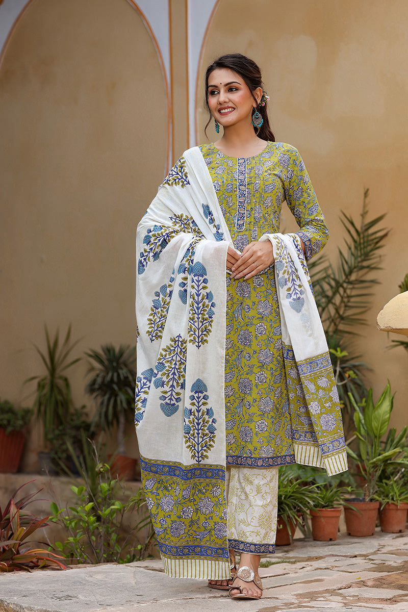 Lime-Green-Cotton-Motifs-Printed-Straight-3-Piece-Kurta-Set