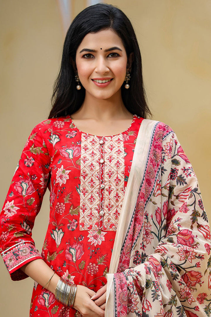 Red-Rayon-Blend-Floral-Printed-3-Piece-Kurta-Set