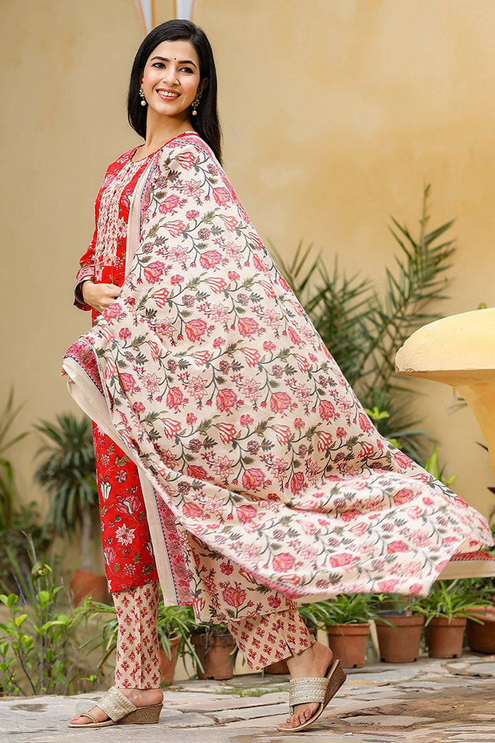 Red-Rayon-Blend-Floral-Printed-3-Piece-Kurta-Set
