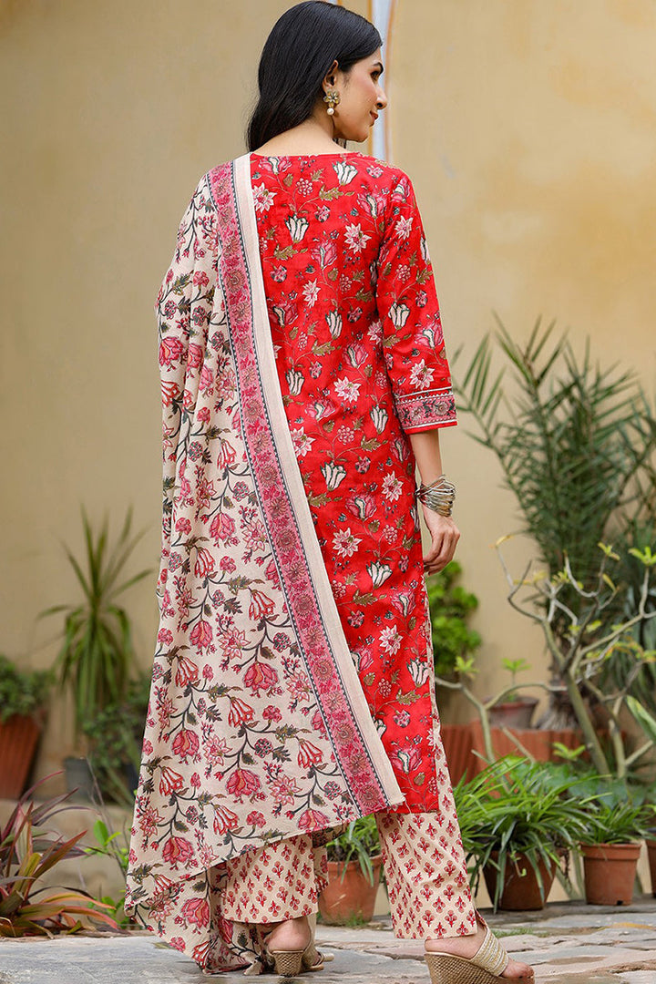 Red-Rayon-Blend-Floral-Printed-3-Piece-Kurta-Set