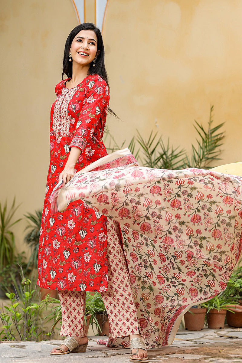 Red-Rayon-Blend-Floral-Printed-3-Piece-Kurta-Set