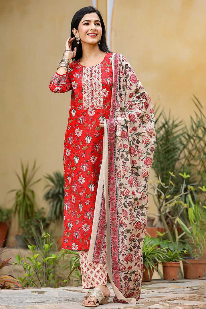 Red-Rayon-Blend-Floral-Printed-3-Piece-Kurta-Set