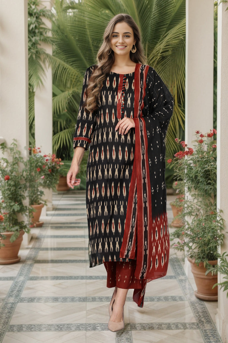 Black Rayon Blend Ethnic Motifs Printed Panelled Suit Set