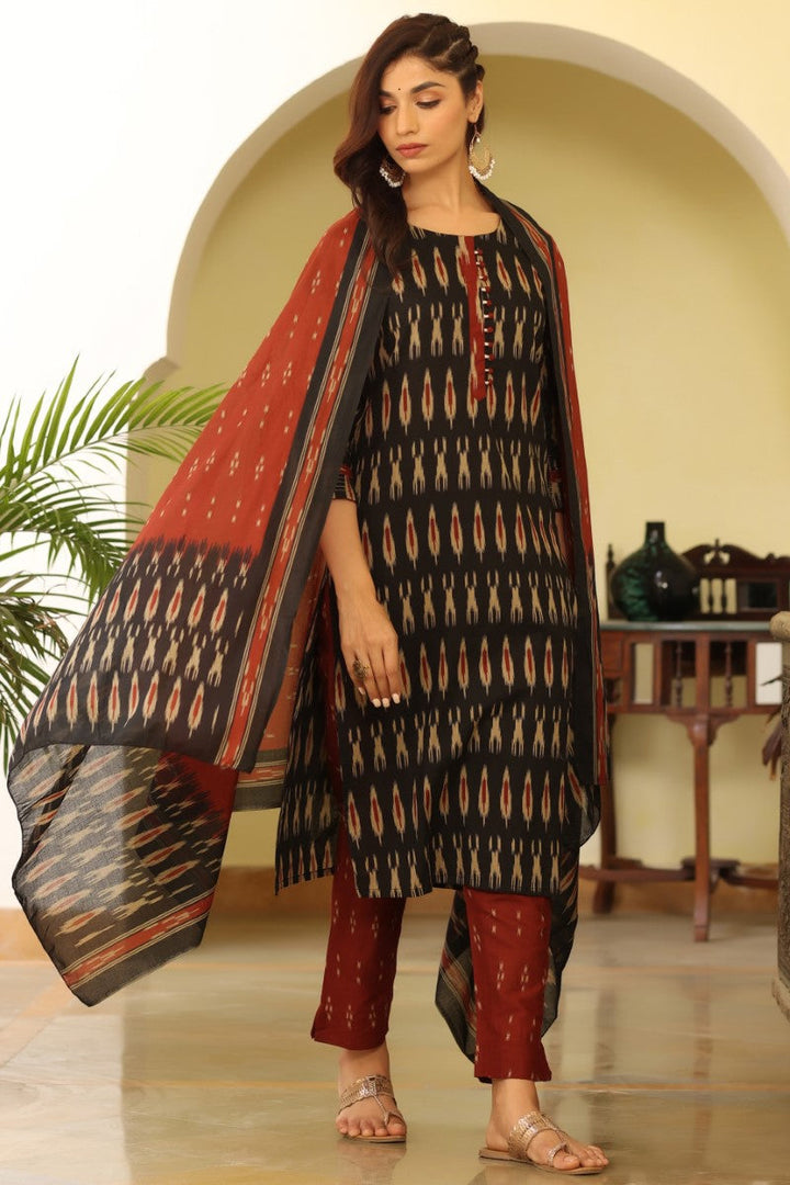 Black Rayon Blend Ethnic Motifs Printed Panelled Suit Set