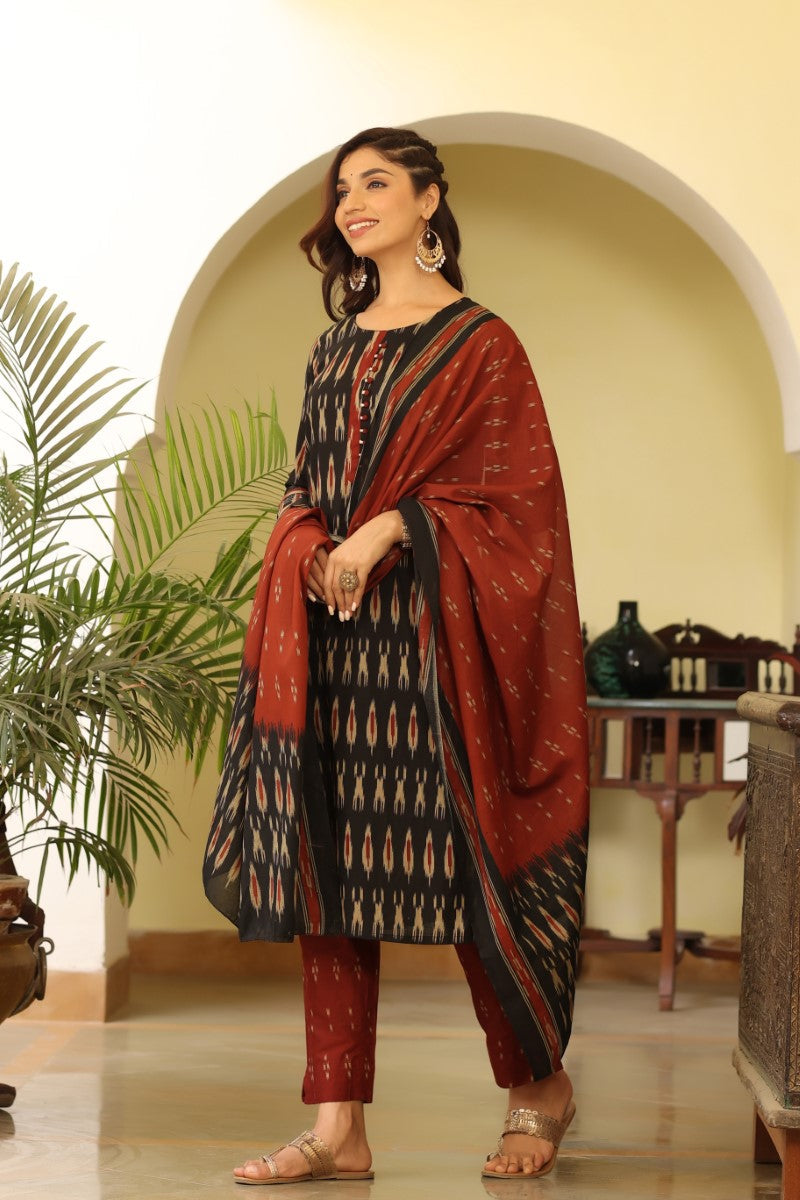 Black Rayon Blend Ethnic Motifs Printed Panelled Suit Set