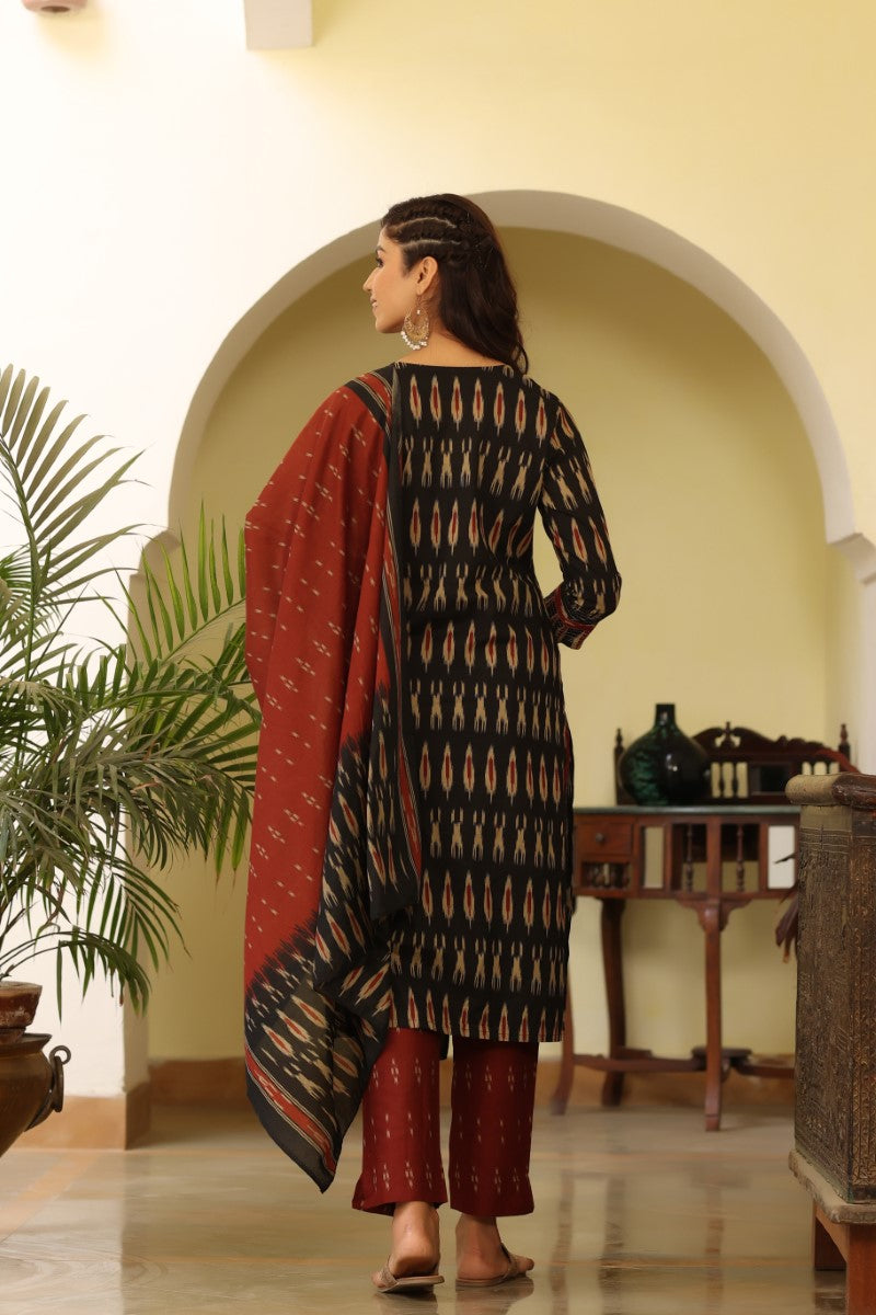 Black Rayon Blend Ethnic Motifs Printed Panelled Suit Set