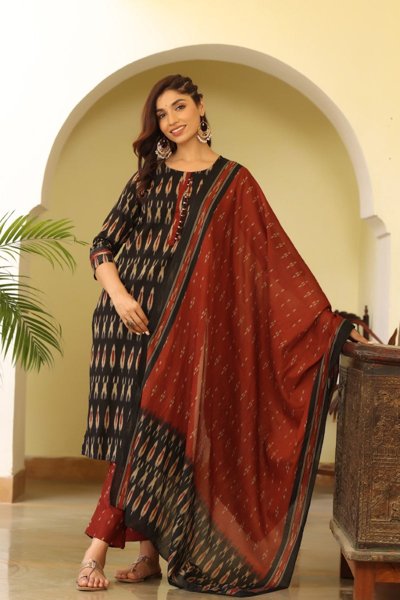 Black Rayon Blend Ethnic Motifs Printed Panelled Suit Set