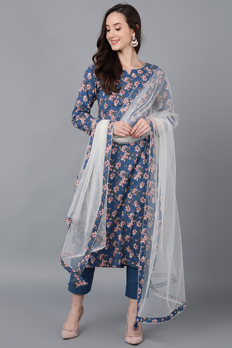 Blue-Rayon-Blend-Floral-Straight-3-Piece-Kurta-Set