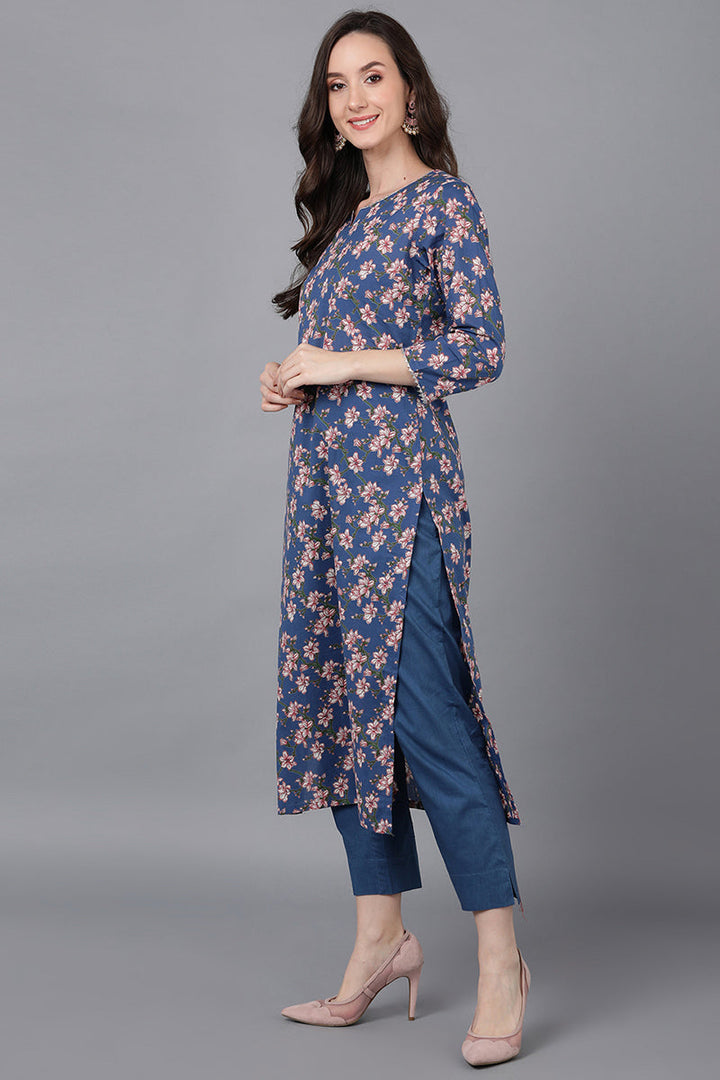 Blue-Rayon-Blend-Floral-Straight-3-Piece-Kurta-Set