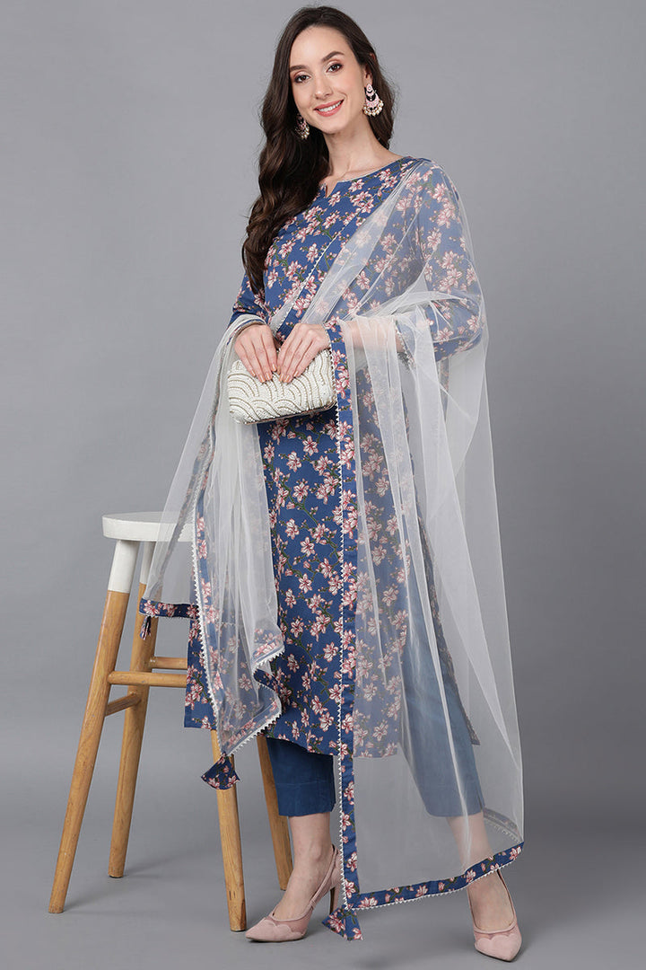 Blue-Rayon-Blend-Floral-Straight-3-Piece-Kurta-Set