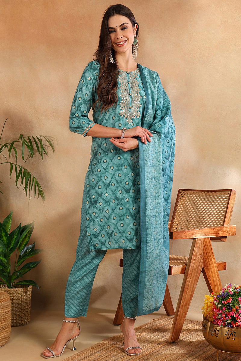 Sea-Green-Silk-Blend-Ombre-Straight-3-Piece-Kurta-Set