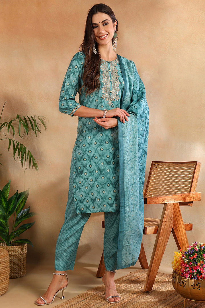 Sea-Green-Silk-Blend-Ombre-Straight-3-Piece-Kurta-Set