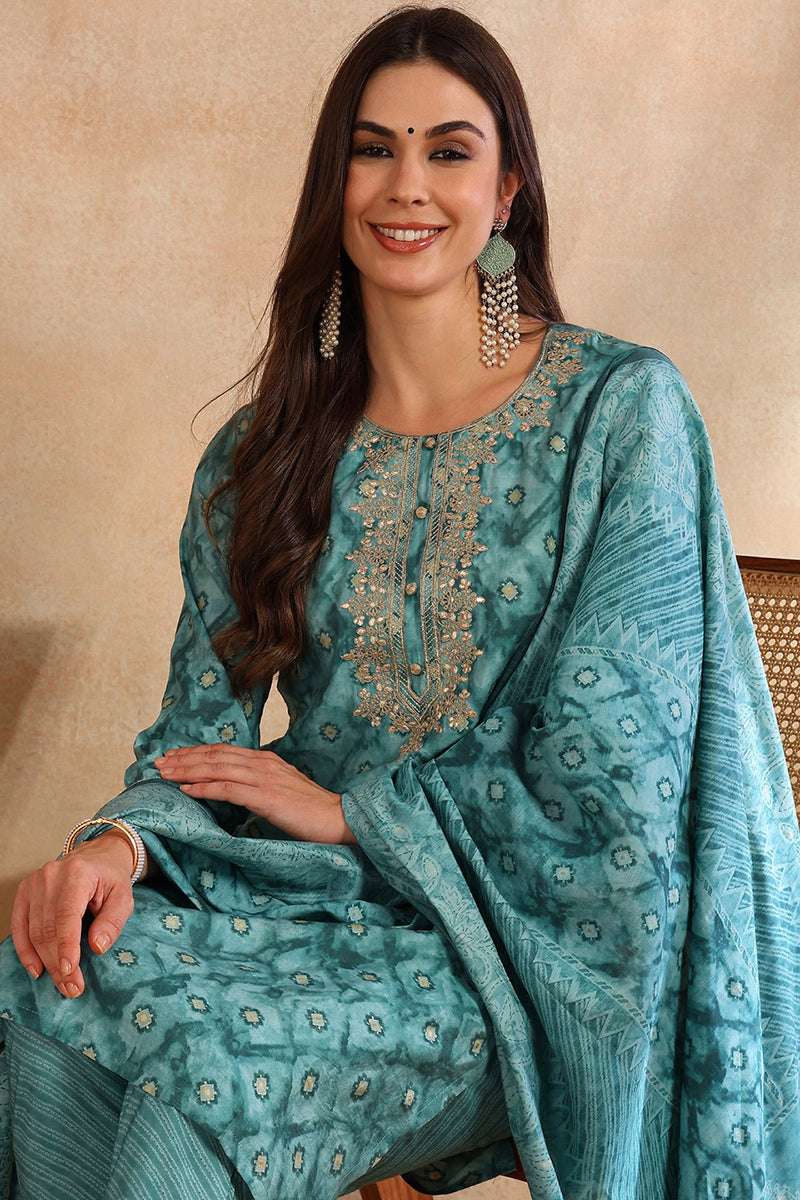 Sea-Green-Silk-Blend-Ombre-Straight-3-Piece-Kurta-Set