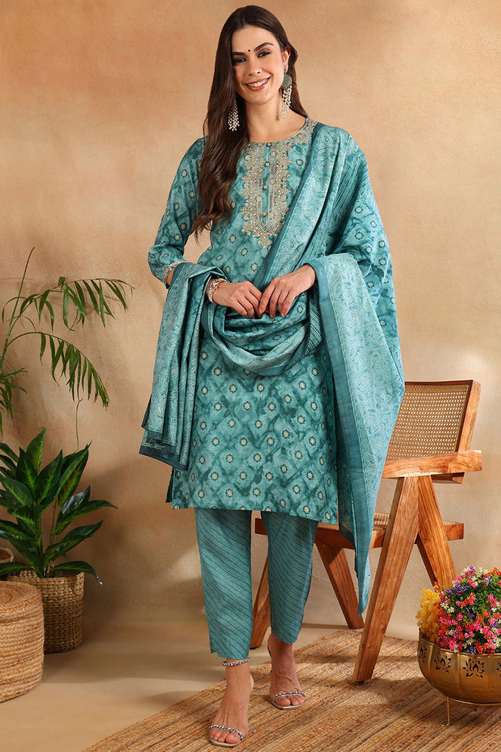Sea-Green-Silk-Blend-Ombre-Straight-3-Piece-Kurta-Set