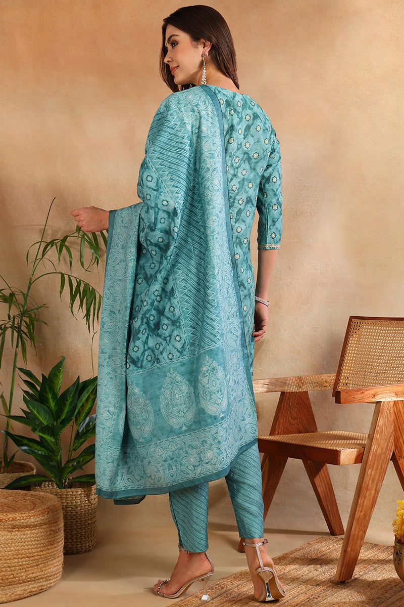 Sea-Green-Silk-Blend-Ombre-Straight-3-Piece-Kurta-Set