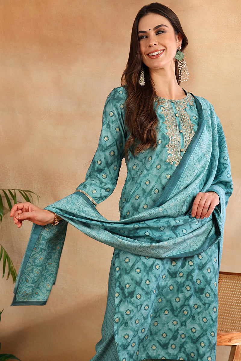 Sea-Green-Silk-Blend-Ombre-Straight-3-Piece-Kurta-Set