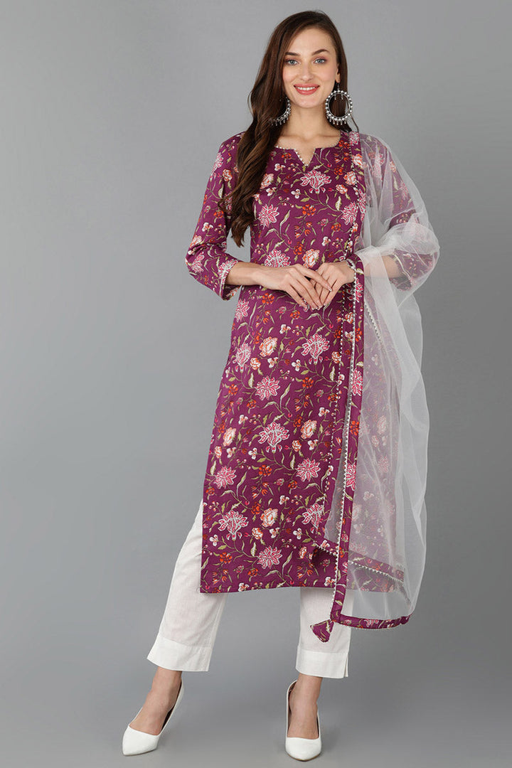 Purple-Rayon-Blend-Floral-Straight-3-Piece-Kurta-Set