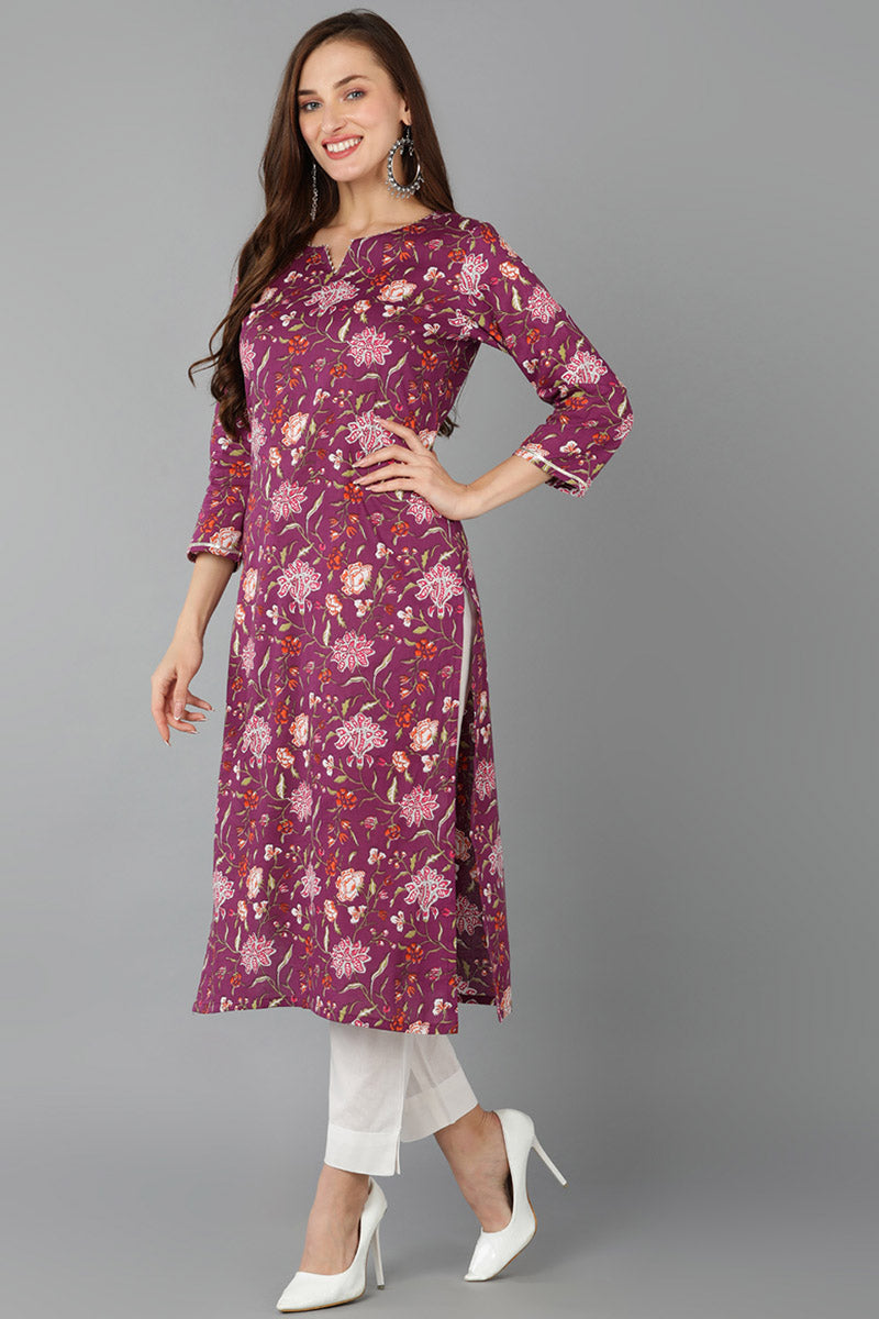 Purple-Rayon-Blend-Floral-Straight-3-Piece-Kurta-Set