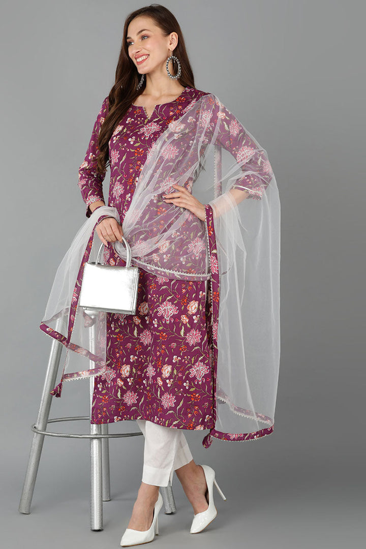 Purple-Rayon-Blend-Floral-Straight-3-Piece-Kurta-Set