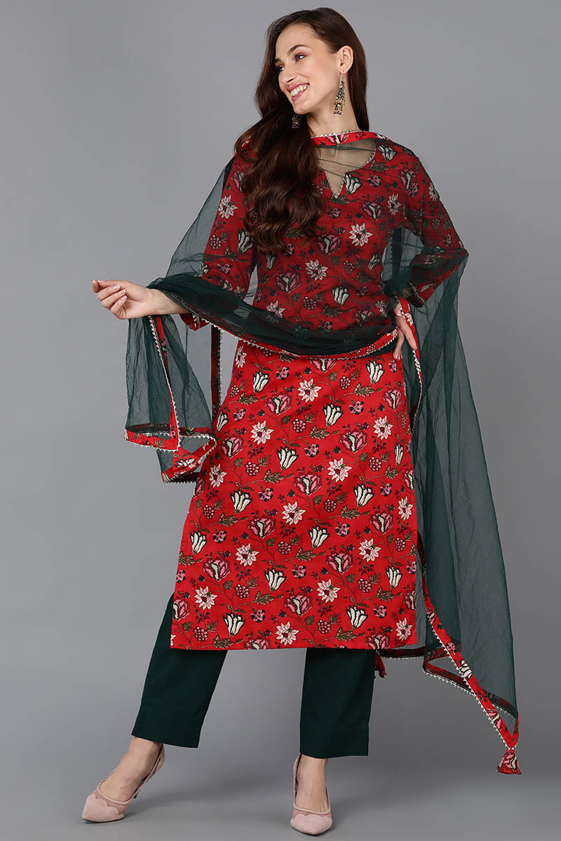 Red-Rayon-Blend-Floral-Straight-3-Piece-Kurta-Set