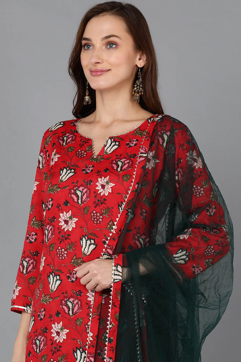 Red-Rayon-Blend-Floral-Straight-3-Piece-Kurta-Set