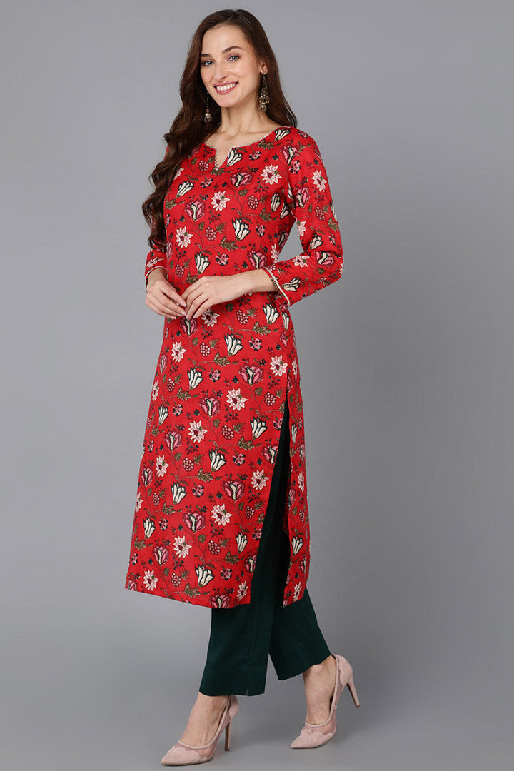 Red-Rayon-Blend-Floral-Straight-3-Piece-Kurta-Set