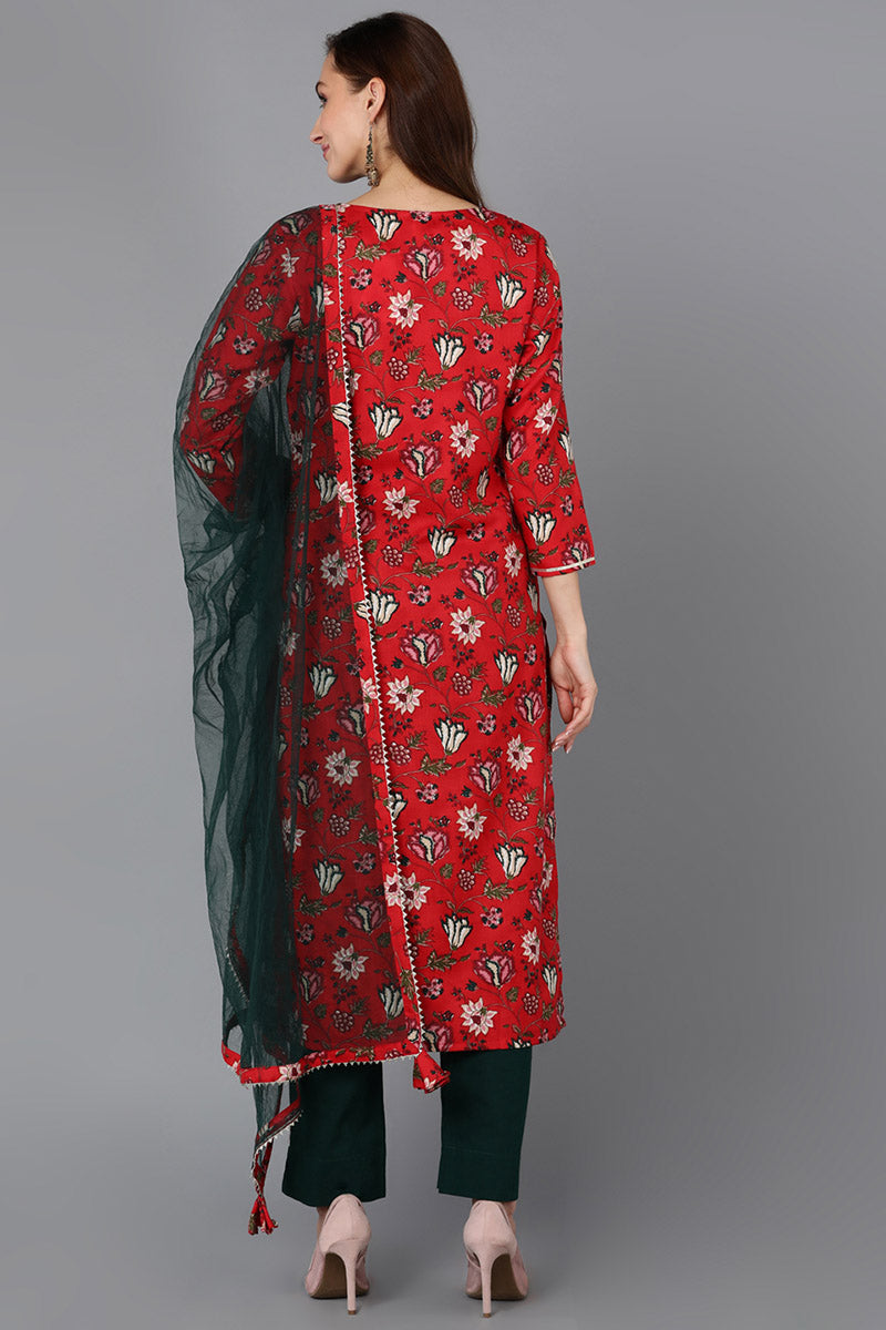 Red-Rayon-Blend-Floral-Straight-3-Piece-Kurta-Set