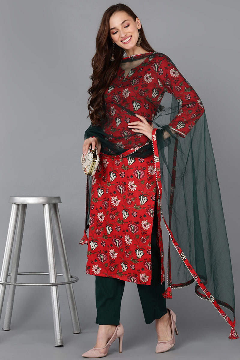 Red-Rayon-Blend-Floral-Straight-3-Piece-Kurta-Set
