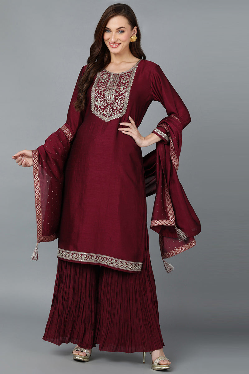 Maroon-Silk-Blend-Yoke-Design-Sharara-Suit-Set