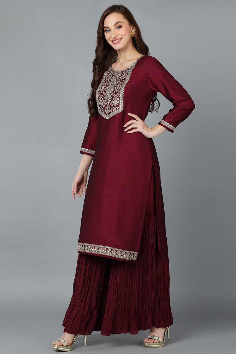 Maroon-Silk-Blend-Yoke-Design-Sharara-Suit-Set