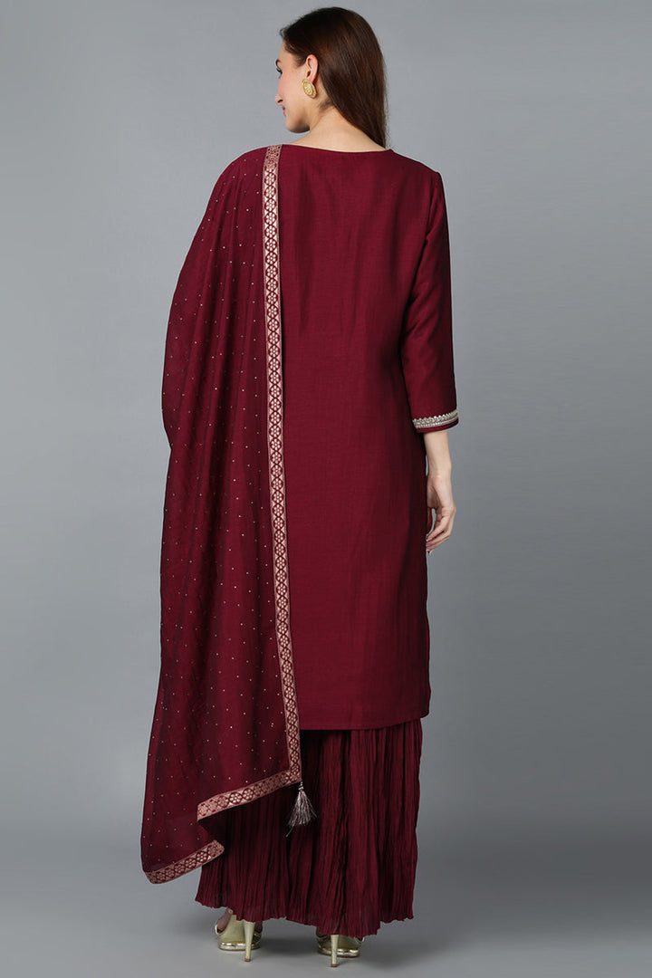 Maroon-Silk-Blend-Yoke-Design-Sharara-Suit-Set