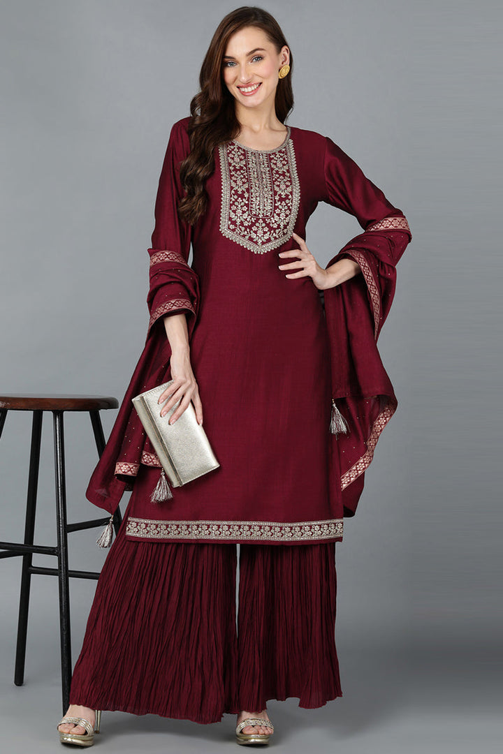 Maroon-Silk-Blend-Yoke-Design-Sharara-Suit-Set