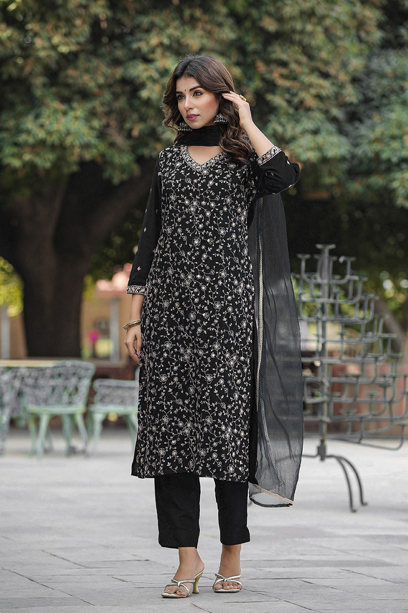 Black-Silk-Blend-Embroidered-3-Piece-Kurta-Set