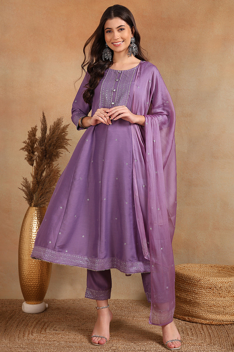 Lavender-Silk-Blend-Anarkali-Woven-Design-Suit-Set
