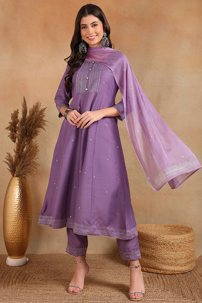 Lavender-Silk-Blend-Anarkali-Woven-Design-Suit-Set