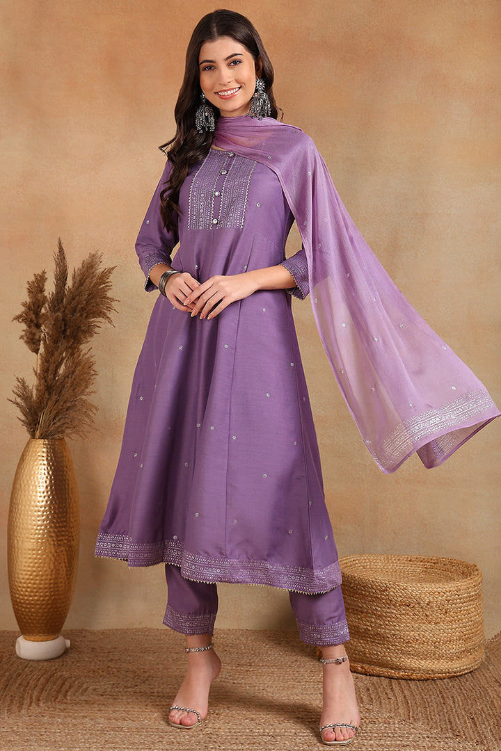 Lavender-Silk-Blend-Anarkali-Woven-Design-Suit-Set