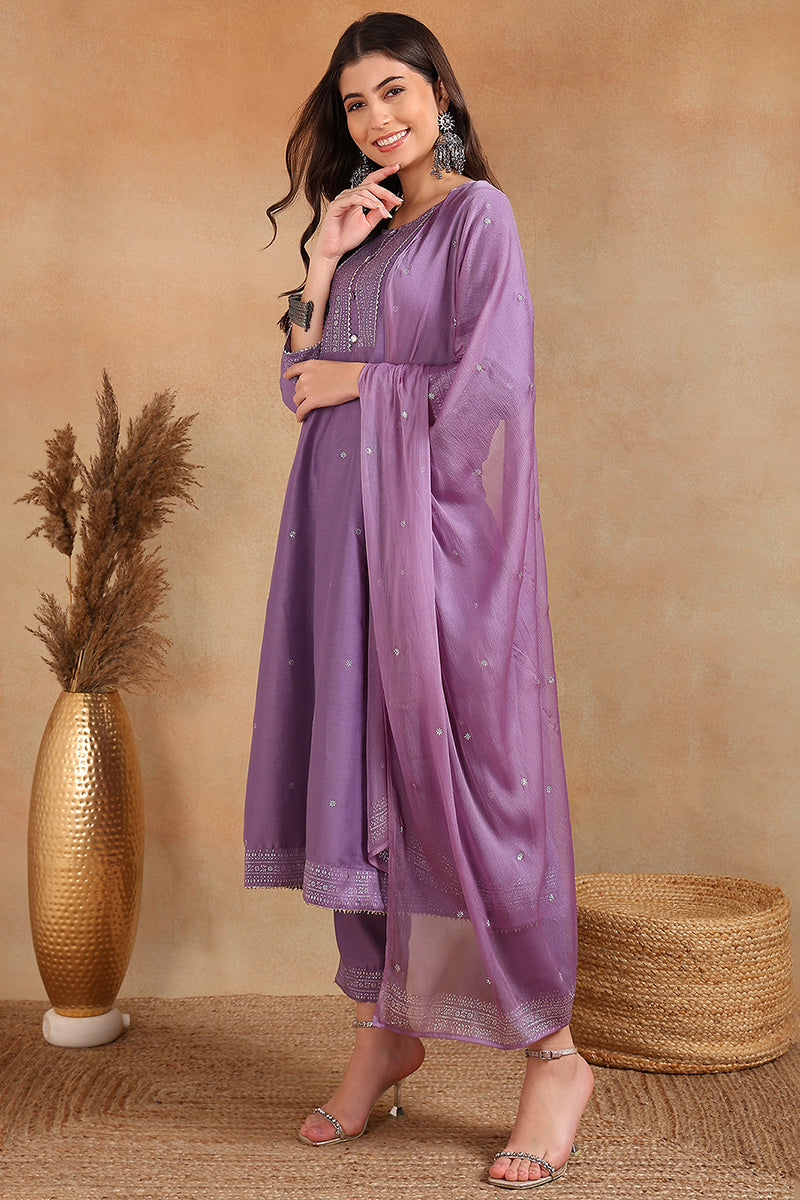 Lavender-Silk-Blend-Anarkali-Woven-Design-Suit-Set
