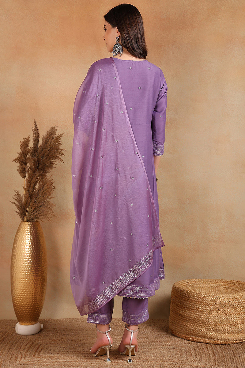 Lavender Silk Blend Anarkali Woven Design Suit Set