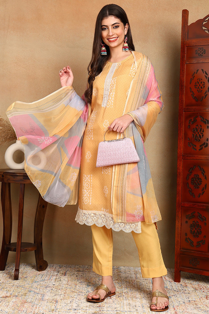 Yellow-Silk-Blend-Straight-Suit-Set